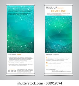 Roll-up vertical banner for presentation and publication. Abstract background. Medicine, science, technology and business templates. Molecule structure of DNA and neurons. Vector illustration.
