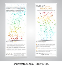 Roll-up vertical banner for presentation and publication. Abstract background. Medicine, science, technology and business templates. Molecule structure of DNA and neurons. Vector illustration.