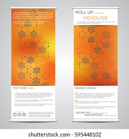 Roll-up vertical banner for presentation and publication. Abstract background. Medicine, science, technology and business templates. Molecule structure of DNA and neurons. Vector illustration