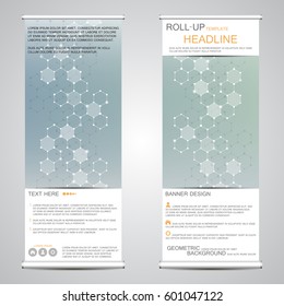 Roll-up vertical banner for presentation and publication. Abstract background. Medicine, science, technology and business templates. Molecule structure of DNA and neurons. Vector illustration