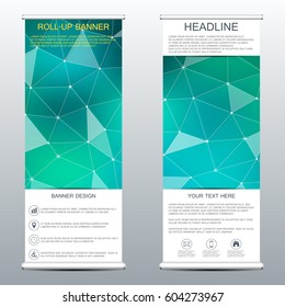 Roll-up vertical banner for presentation and publication. Abstract background. Medicine, science, technology and business templates. Molecule structure of DNA and neurons. Vector illustration
