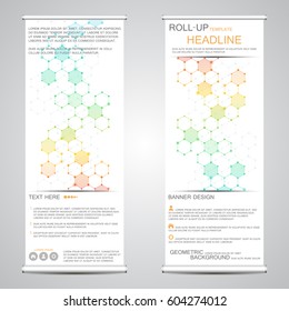 Roll-up vertical banner for presentation and publication. Abstract background. Medicine, science, technology and business templates. Molecule structure of DNA and neurons. Vector illustration