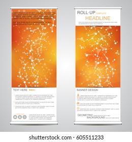 Roll-up vertical banner for presentation and publication. Abstract background. Medicine, science, technology and business templates. Molecule structure of DNA and neurons. Vector illustration