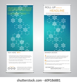Roll-up vertical banner for presentation and publication. Abstract background. Medicine, science, technology and business templates. Molecule structure of DNA and neurons. Vector illustration