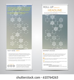 Roll-up vertical banner for presentation and publication. Abstract background. Medicine, science, technology and business templates. Molecule structure of DNA and neurons. Vector illustration