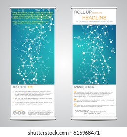Roll-up vertical banner for presentation and publication. Abstract background. Medicine, science, technology and business templates. Molecule structure of DNA and neurons. Vector illustration