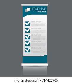 Rollup vertical banner stand template. Abstract background concept for business, education, presentation, advertisement. Editable vector illustration. Blue color.