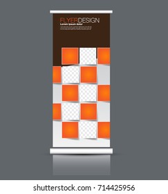 Rollup vertical banner stand template. Abstract background concept for business, education, presentation, advertisement. Editable vector illustration. Orange and brown color.