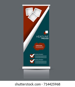 Rollup vertical banner stand template. Abstract background concept for business, education, presentation, advertisement. Editable vector illustration. Red and green color.