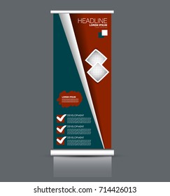 Rollup vertical banner stand template. Abstract background concept for business, education, presentation, advertisement. Editable vector illustration. Red and green color.