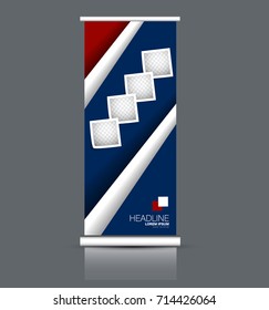 Rollup vertical banner stand template. Abstract background concept for business, education, presentation, advertisement. Editable vector illustration. Red and blue color.