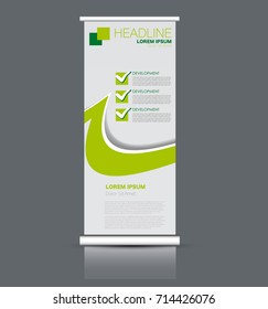 Rollup vertical banner stand template. Abstract background concept for business, education, presentation, advertisement. Editable vector illustration. Green color.