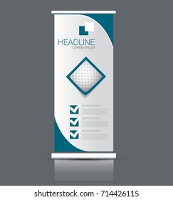 Rollup vertical banner stand template. Abstract background concept for business, education, presentation, advertisement. Editable vector illustration. Blue color.