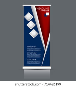 Rollup vertical banner stand template. Abstract background concept for business, education, presentation, advertisement. Editable vector illustration. Red and blue color.