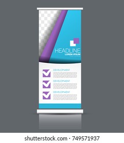 Rollup vertical banner stand template. Abstract background concept for business, education, presentation, advertisement. Editable vector illustration. Blue and purple color.