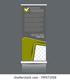 Rollup vertical banner stand template. Abstract background concept for business, education, presentation, advertisement. Editable vector illustration. Green color.