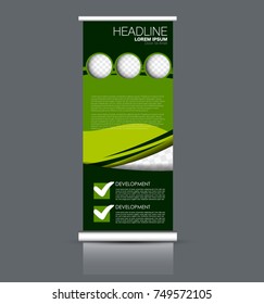 Rollup vertical banner stand template. Abstract background concept for business, education, presentation, advertisement. Editable vector illustration. Green color.