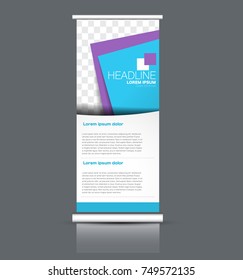 Rollup vertical banner stand template. Abstract background concept for business, education, presentation, advertisement. Editable vector illustration. Blue and purple color.