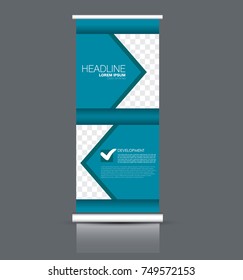 Rollup vertical banner stand template. Abstract background concept for business, education, presentation, advertisement. Editable vector illustration. Blue color.
