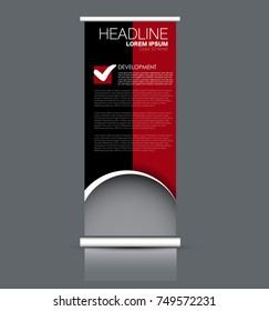 Rollup vertical banner stand template. Abstract background concept for business, education, presentation, advertisement. Editable vector illustration. Black and red color.