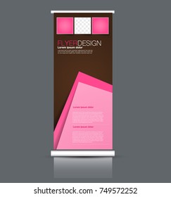 Rollup vertical banner stand template. Abstract background concept for business, education, presentation, advertisement. Editable vector illustration. Pink and brown color.