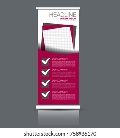 Rollup vertical banner stand template. Abstract background concept for business, education, presentation, advertisement. Editable vector illustration. Pink color.
