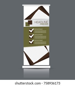 Rollup vertical banner stand template. Abstract background concept for business, education, presentation, advertisement. Editable vector illustration. Green and brown color.
