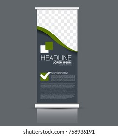 Rollup vertical banner stand template. Abstract background concept for business, education, presentation, advertisement. Editable vector illustration. Green color.