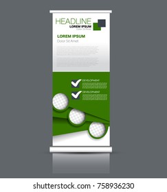 Rollup vertical banner stand template. Abstract background concept for business, education, presentation, advertisement. Editable vector illustration. Green color.