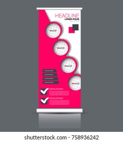 Rollup Vertical Banner Stand Template. Abstract Background Concept For Business, Education, Presentation, Advertisement. Editable Vector Illustration. Pink Color.