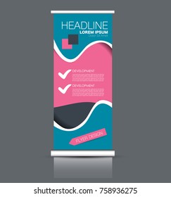 Rollup vertical banner stand template. Abstract background concept for business, education, presentation, advertisement. Editable vector illustration. Blue and pink color.