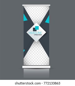 Rollup vertical banner stand template. Abstract background concept for business, education, presentation, advertisement. Editable vector illustration. Blue and grey color