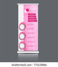 Rollup vertical banner stand template. Abstract background concept for business, education, presentation, advertisement. Editable vector illustration. Pink color