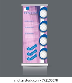 Rollup vertical banner stand template. Abstract background concept for business, education, presentation, advertisement. Editable vector illustration. Pink and blue color