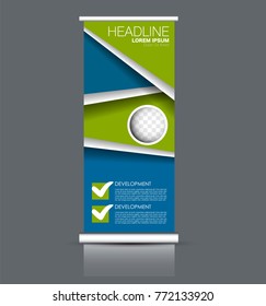 Rollup vertical banner stand template. Abstract background concept for business, education, presentation, advertisement. Editable vector illustration. Blue and green color