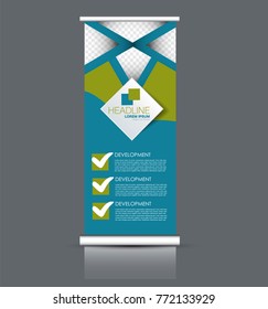 Rollup vertical banner stand template. Abstract background concept for business, education, presentation, advertisement. Editable vector illustration. Blue and green color