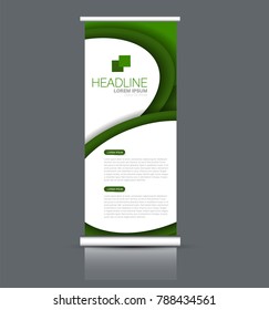 Rollup vertical banner stand template. Abstract background concept for business, education, presentation, advertisement. Editable vector illustration. Green color.