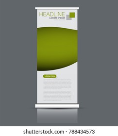 Rollup vertical banner stand template. Abstract background concept for business, education, presentation, advertisement. Editable vector illustration. Green color.