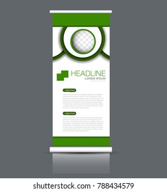 Rollup vertical banner stand template. Abstract background concept for business, education, presentation, advertisement. Editable vector illustration. Green color.