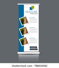 Rollup vertical banner stand template. Abstract background concept for business, education, presentation, advertisement. Editable vector illustration. Blue color.