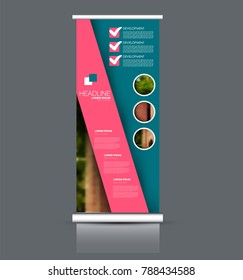 Rollup vertical banner stand template. Abstract background concept for business, education, presentation, advertisement. Editable vector illustration. Blue and pink color.
