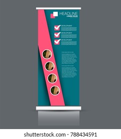 Rollup vertical banner stand template. Abstract background concept for business, education, presentation, advertisement. Editable vector illustration. Blue and pink color.