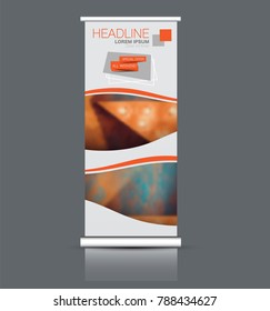 Rollup vertical banner stand template. Abstract background concept for business, education, presentation, advertisement. Editable vector illustration. Orange color.