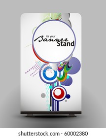 a rolup display with stand banner template design, vector illustration.