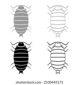 Roly poly woodlouse porcellio scaber woodruff set icon grey black color vector illustration image solid fill outline contour line thin flat style