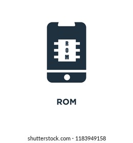 Rom icon. Black filled vector illustration. Rom symbol on white background. Can be used in web and mobile.