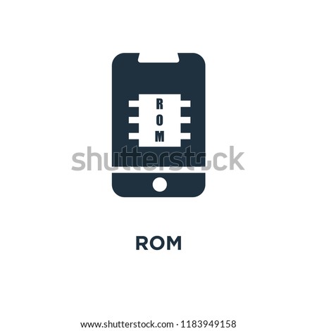 Rom icon. Black filled vector illustration. Rom symbol on white background. Can be used in web and mobile.