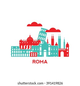 Roma city architecture retro vector illustration, skyline city silhouette, skyscraper, flat design