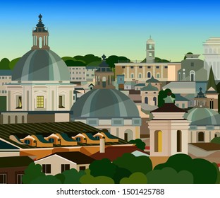 Roma  city illustration for print. Panorama of Roma flat style vector illustration. Italian architecture. Cartoon Italian symbols and objects