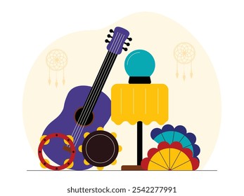 Objetos culturales gitanos como instrumentos musicales y herramientas de adivinación sobre fondo de barrio de ensueño, Ilustración vectorial gitana.